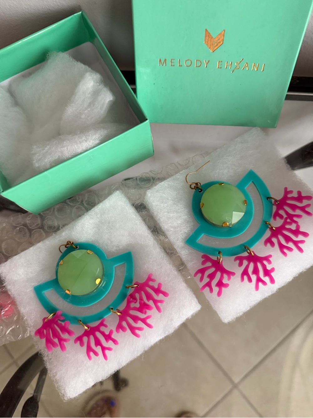 Melody Ehsani (Under The Sea) Teal, Lime & Hot Pink Women’s Coral Drop Earrings